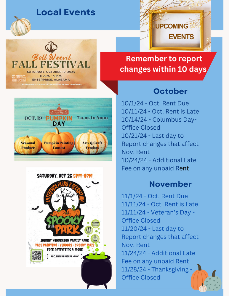 Calendar of events for October and November plus copies of local event flyers