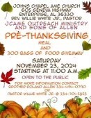 Flyer explaining Thanksgiving Meal and Food Giveaway, Saturday November 23, 2024 at St. Johns AME Church in Enterprise Alabama